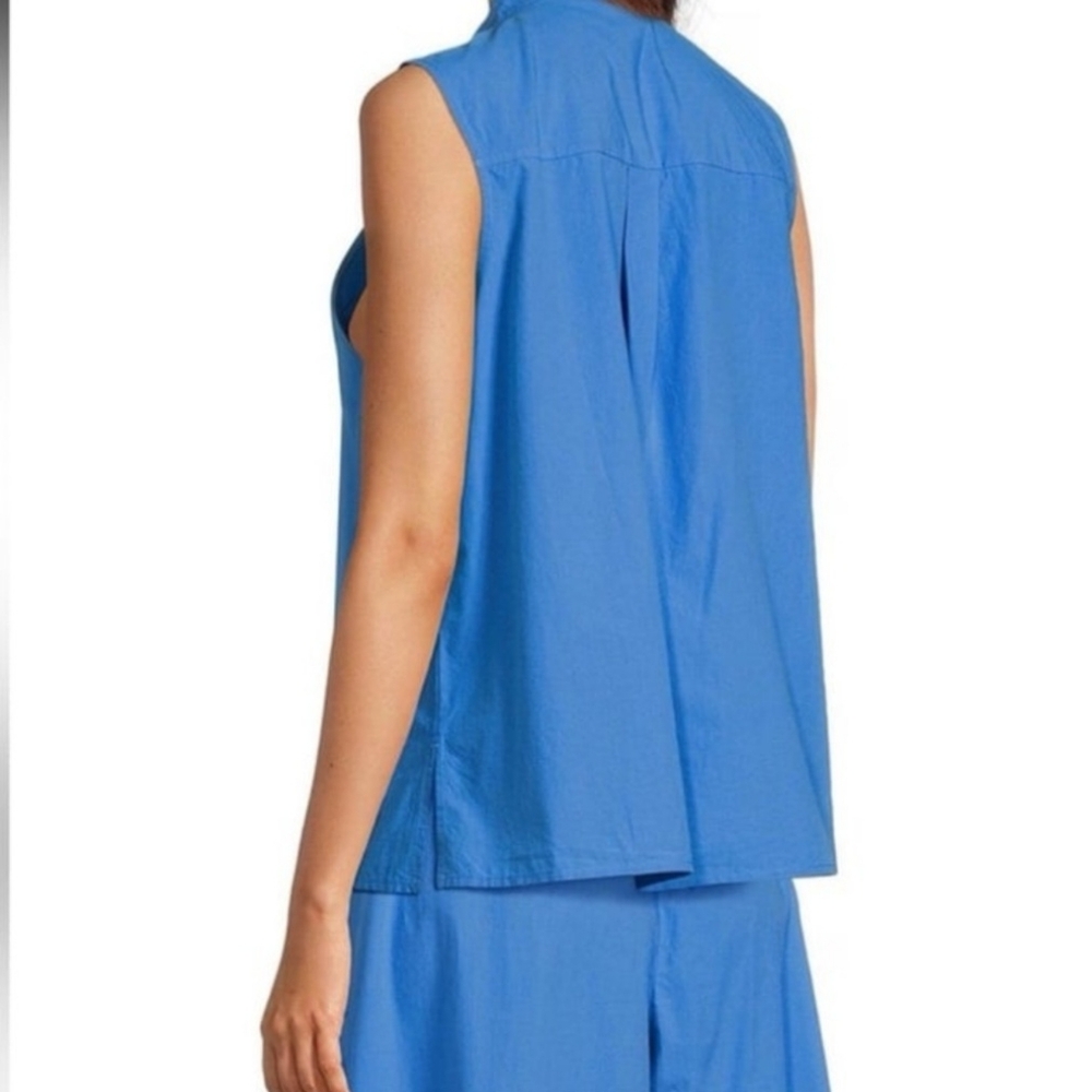 Eileen Fisher Washed Organic Calypso Cotton Poplin Blue Mandarin Collar Shirt - Picture 3 of 11